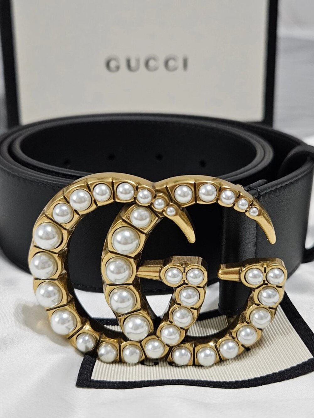 Gucci Black Belt with Gold GG Pearl Buckle Size 90